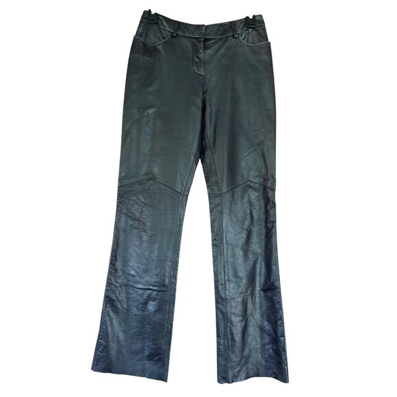 Express Black Leather Flared Motorcycle Pants Genuine Leather Nylon Womens - Picture 2 of 12